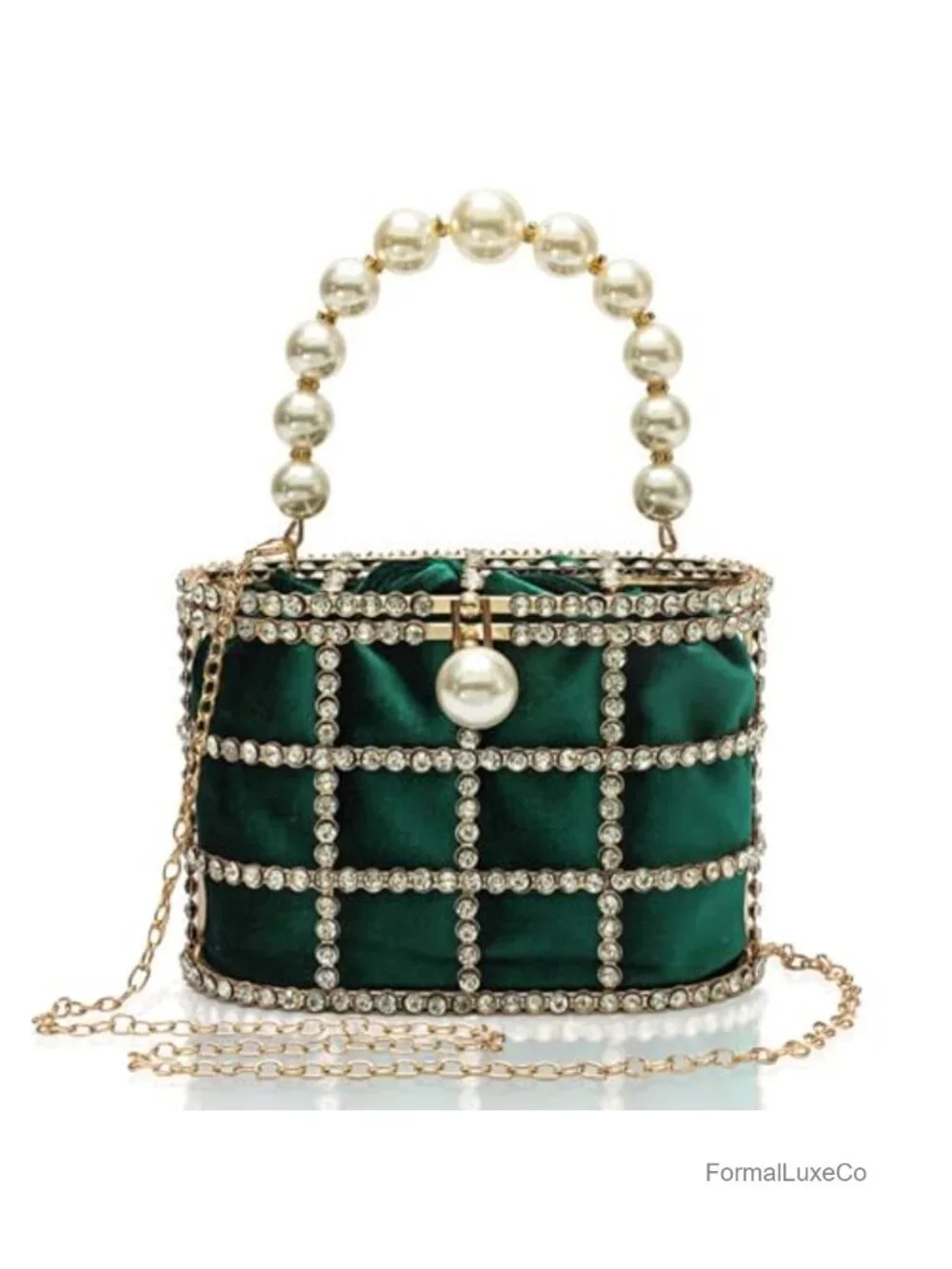 Crystal Cage Evening Clutch with Pearl Handle and Velvet Pouch